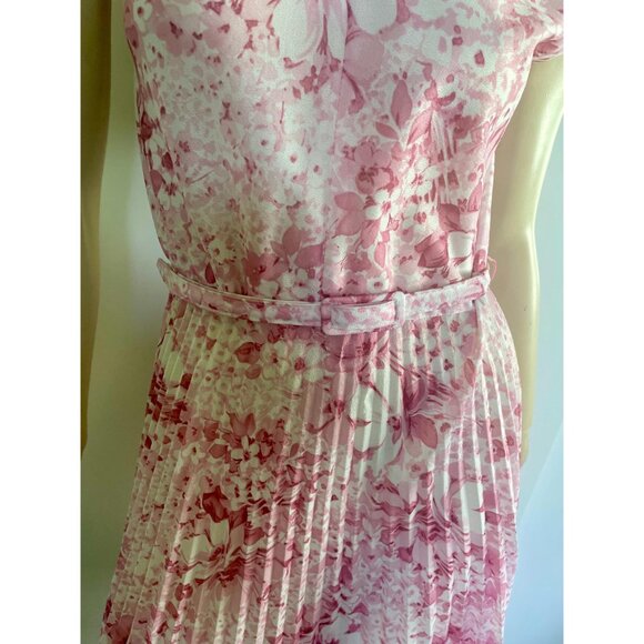 Pink Floral Dress, Size M/L, Belted Midi Pleated Pink Vintage Dress 1970s - Picture 10 of 10